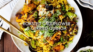 https://www.thissavoryvegan.com/roasted-cauliflower-curried-quinoa/ Simple and delicious, this Roasted Cauliflower & Curried Quinoa has Indian-inspired flavors and is ready in 35 minutes. A quick vegan weeknight dinner! | This Savory Vegan