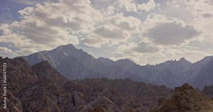 Wide landscape of mountains and sky in Alabama Hills, California