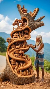 Grandpa Brings Stories to Life on a Tree Trunk 🌳✨ #artandcraft #artwork #wooden #woodcarving | Natural Dose