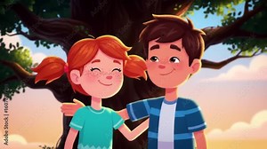 2D animation of two best friends laughing together under a tree during sunset, pastel background