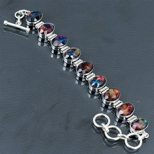 Faceted Ammolite Bracelet: Handmade 925 Sterling Silver Adjustable Jewelry - Etsy