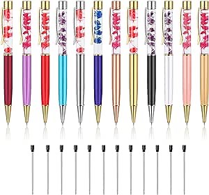 Dynamic Liquid Flower Pen Ballpoint Pen Bling Bling Metal Ballpoint Pen for School Office 12 Different Colors With 12Pack 3.2'' Ballpoint Pen Refills