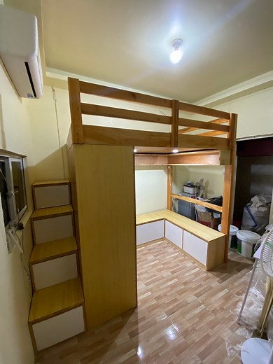 2.4M views · 28K reactions | Semi Double Size Loftbed with Sliding Cabinet and L-chair (Ledlight) 48x75. Materials: Mahogany Wood & 3/4 Plyboard #QuadCornerFurniture #SlidingCabinet #tabledecor #LoftBed #cabinetdesign #ledlights #fypシ゚viralシ #BrandNew #furniture | Quad Corner Furniture | Facebook