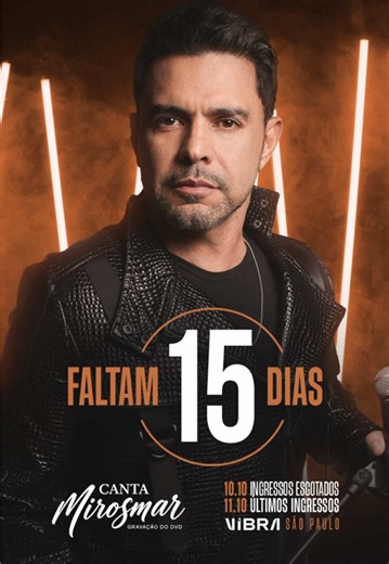 FALTAM 15 DIAS! Tá chegando a hora, galera! Dias 10 e 11 de outubro, temos um encontro marcado no Vibra São Paulo para a gravação do meu novo DVD, Canta Mirosmar! 🎟️Dia 10 INGRESSOS ESGOTADOS 🎟️Dia 11 ÚLTIMOS INGRESSOS Dois dias de muita música, história, emoção e surpresas. Eu já tô contando as horas pra viver esse momento com vocês! Quem vem cantar comigo?