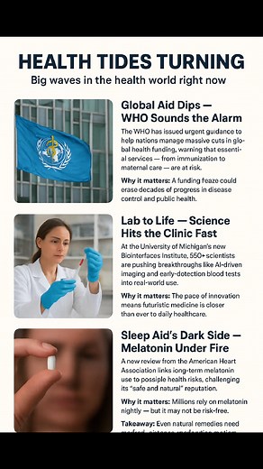 🌊 Health Tides Turning — Big Waves in the Health World Right Now ---1. Global Aid Dips — WHO Sounds the Alarm The WHO has issued urgent guidance to help nations manage massive cuts in global health funding, warning that essential services — from immunization to maternal care — are at risk. Why it matters: A funding freeze could erase decades of progress in disease control and public health. Takeaway: Countries like Nigeria must prioritize domestic health investment and protect vulnerable popula