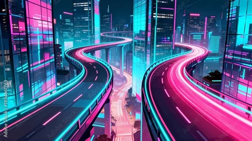 Futuristic neon cityscape with winding roads