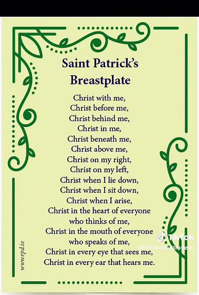 St. Patrick’s Day isn’t just about green beer—it’s about faith, courage, and one of the most powerful prayers in Christian history. ☘️ Today we’re sharing the Breastplate Prayer of St. Patrick, a prayer of protection and trust in Christ that has inspired believers for over 1,500 years. “I arise today through a mighty strength, the invocation of the Trinity…” May the faith of Saint Patrick strengthen us and remind us that Christ is with us—in every step, every struggle, and every victory. #StPatr