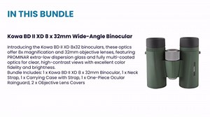 Kowa BD II XD 8x32mm PROMINAR Roof Prism Binoculars for Bird Watching, Hiking with Waith Adjustable Baseball Hat (Camo),Waith Binocular Harness Strap and Waith Microfiber Cleaning Cloth (Bundle Kit)