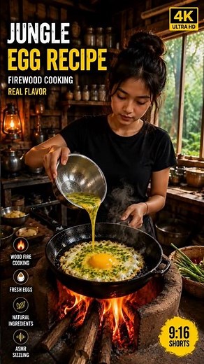 Young Girl Cooks Perfect Crispy Egg on Wood Fire 🔥🍳 | Rustic Kitchen ASMR | 4K