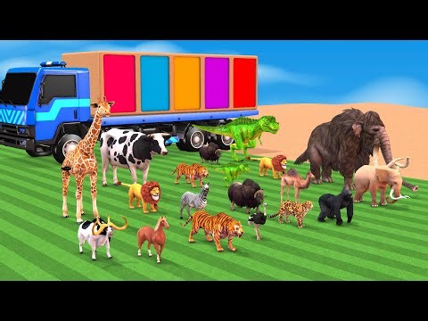 Zoo Animals Truck | Wild Animals Transport Truck with Cow Elepahnt Tiger Gorilla Animals Cartoon