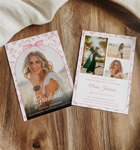 Graduation Invitation Template, Senior Graduate Announcement, Pink French Toile Graduation Party Invite, Arch Photo Graduation Card Editable - Etsy