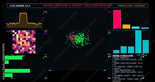 Artificial Intelligence Security Monitoring Dashboard Showing Threat Detection, Prompt Injection Alerts and Cyber Defense Analytics