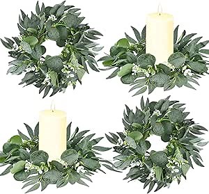 Thinkday 4 Pcs Eucalyptus Candle Ring Small 4 Inch Center Mini Artificial Wreaths Green Floral Leaves Pillar Holder Centerpieces for Wedding Door Wall Window Kitchen Cabinet Farmhouse Decoration