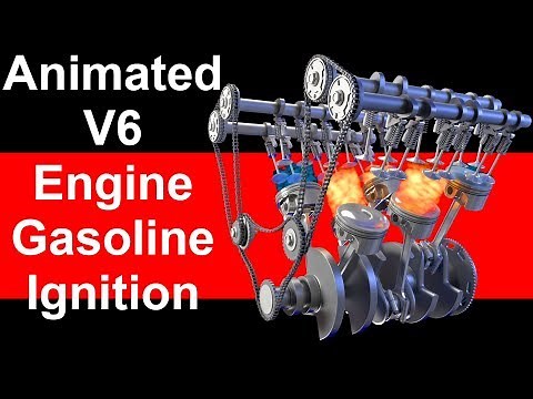 Animated V6 Engine with Gasoline Ignition - 3D Animation
