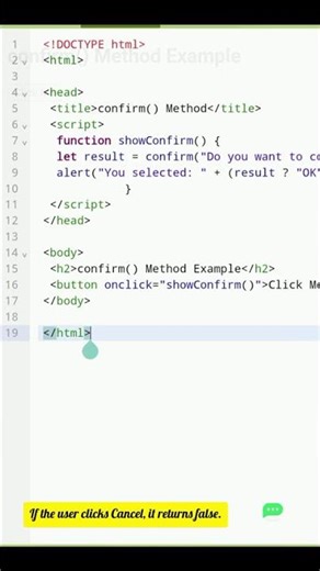 Javascript 5/100: confirm() method with simple example #viral#coding #education#webdevelopment#like