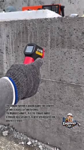 This is a Rebound Hammer (Schmidt Hammer) test being carried out on concrete. • The rebound hammer is placed against the concrete surface to assess surface hardness. • The displayed value R = 16 is the rebound number. • A rebound value around 15–16 generally indicates low concrete strength. | CivilEngineer