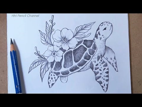 How to Draw Sea Turtle and Flowers | Pencil Drawing