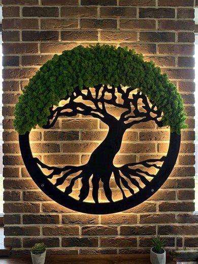 Tree of Life Moss Wall Sculpture – Round Wooden Composition, Modern Home Decor