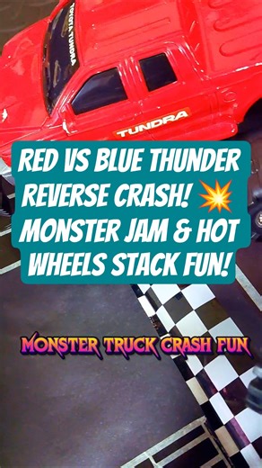 Red vs Blue Thunder Reverse CRASH! 💥 Monster Jam & Hot Wheels Stack Fun!