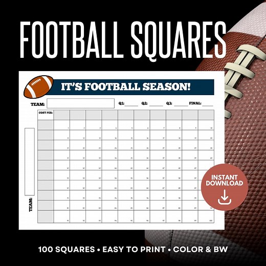 Football Squares Game: 100 Square Grid, Editable Template (printable PDF & Canva File) - Etsy