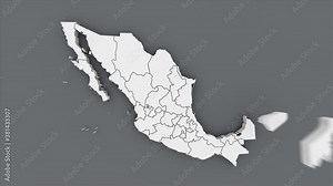 Animated map of Mexico, white map on gray background. Animation with alphacanal