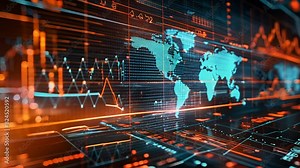 Vector map of the Earth in teal and light blue surrounded by bright vector circuits. Background for news broadcast.