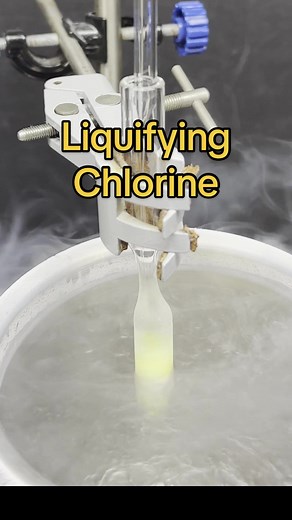 Liquifying Chlorine Chlorine can be condensed into a liquid with either extreme temperature or pressure. Here I do both! For a little while at least. #chemistry #science #experiment #liquidnitrogen #pressure #chlorine #chemtok