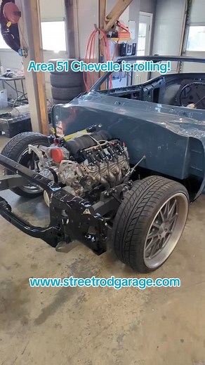 The Area 51 Chevelle is now rolling on the chassis with running gear in place. Stay tuned for this one! #chassisfab #hotrodshop #chevelle #smallbusiness #chassis | Street Rod Garage SRG