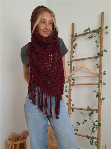 Handmade Crochet Hooded Shawl in Burgundy Vegan Yarn
