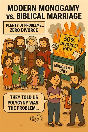 Rob B. Kowalski on Instagram: "They told you polygyny was the problem… Sure, biblical families had problems, just like every marriage does. But they didn’t blow up to the point of tearing the whole house down. Today, under monogamy-only, half of marriages crash and burn into divorce… and most of those are initiated by women. If God’s way was so bad, why did it keep families together while ours falls apart? Want to learn more about biblical marriage? Join our community and start your free 7-day t