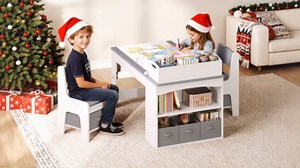Kids Art Table and Chair Set, Wooden Toddler Activity Desk with Removable Tabletop Shelf and 5 Storage Drawers, Paper Pressing Rod & Roll Holder for Playroom, Nursery, Grey and White
