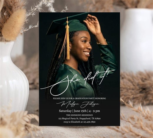 Graduation Party Invitation She Did It, Graduation Announcement Printable 5x7 Invite, DIY Editable Template Canva, G2 - Etsy