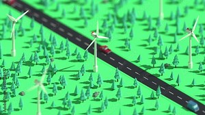 Wind farm, wind turbines surrounded by trees swaying in the wind, loopable isometric animation with tilt-shift effect.