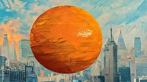 buildings urban featuring prominentcityscape structures large orange placed ball surrounded center painting ai footage pattern background geometry geometric city colourful landscape art sunset artist