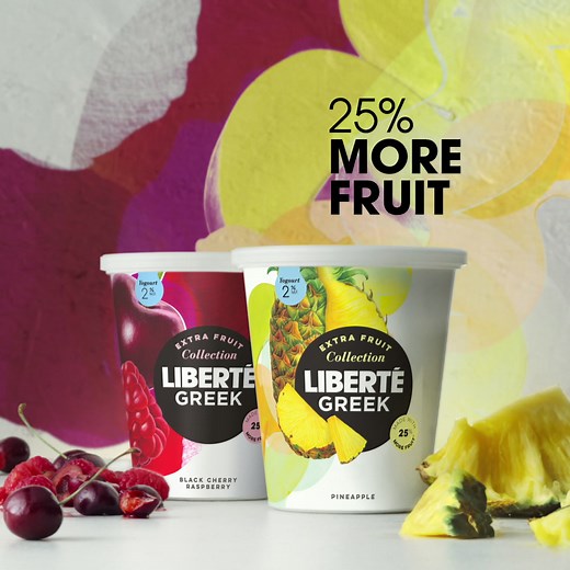 Introducing Liberté Greek Extra Fruit Collection, our fruitiest yogourt ever. 🍍🍒 High in protein, with 25% more fruit. | Liberté Canada