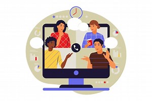 Premium Vector | Video conference concept. colleagues on computer screen talking. vector illustration. flat.