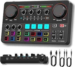 HOSONGIN Audio Interface for Beginners - Streaming Podcast Mixer with Pro-preamp, 48V Phantom Power, Voice Changer, Customizable Sound Effects, Noise Reduction for Podcasting, Gaming, Recording