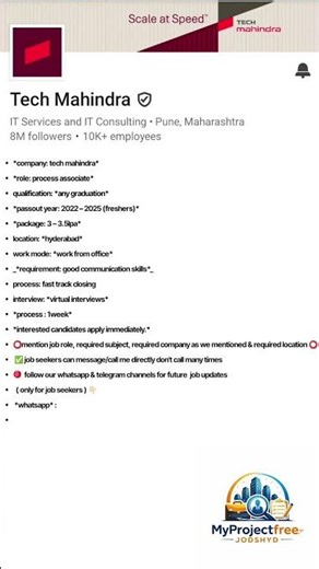 *Company: Tech Mahindra**Role: Process Associate*Qualification: *Any Graduation**Passout Year:#jod