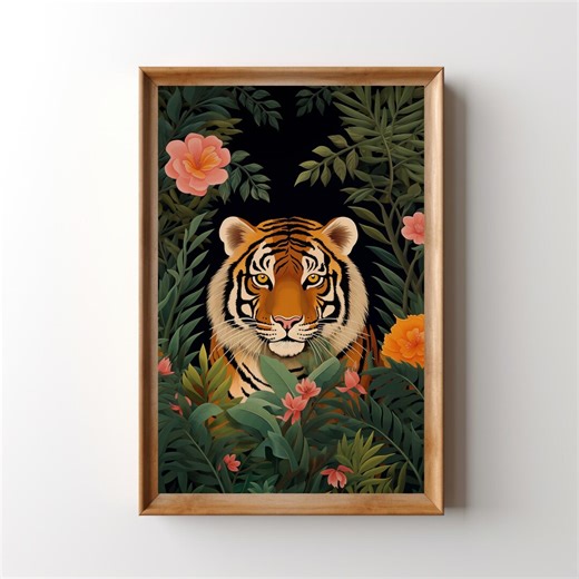 Jungle Tiger Print: Printable Boho Tiger Wall Art, Vintage Floral Tiger Poster, Maximalist Bedroom Decor, Botanical Animal Poster - Etsy