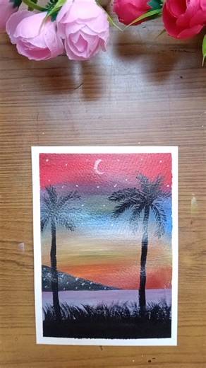 🌅Colourful Sunset Scenery🌴✨ Drawing With Water Colours | Easy Steps 🌴🌙