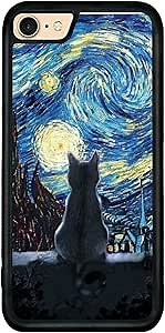 Black Cute Cat iPhone 7/8/Se Case - 4.7 Inch Van Gogh Cute Cat iPhone Case, Non-Slip Pattern Design and Shock Absorption, Soft Silica Gel Frame Support Black Phone Case for Teen Girls and Sisters