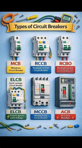 Electrician_SG on Instagram: "Types of Circuit Breakers 🧐 From small homes to big industries — Different Circuit Breakers protect us from different electrical faults ⚡ 🔹 MCB – Overload & short-circuit 🔹 MCCB – Heavy duty protection 🔹 RCCB – Shock protection 🔹 ELCB – Earth leakage safety 🔹 ACB – High power control Stay safe. Choose the right breaker! 🔥 1️⃣ “MCB ani MCCB madhe difference mahit ahe ka?” 😲 2️⃣ “Shock ka lagto? RCCB nasel tar!” ⚡ 3️⃣ “Wrong circuit breaker = Fire risk 🔥” 4️⃣