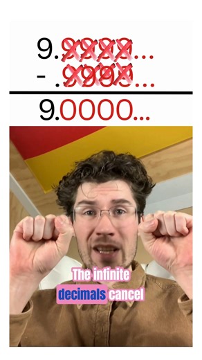 Gravity Assist on Instagram: "The WORST way to prove 0.999... = 1 🚫 Stop saying "because 1/3 is .333". That's weak logic. Here is the actual algebraic proof using the 10x subtraction method. When you subtract the original x from 10x, the infinite string of nines cancels out perfectly, leaving you with 9x = 9 so x = 1 If the difference between two numbers is literally zero, they are the same number. Subscribe for more math paradoxes and visual proofs. #shorts #math #education #algebra #infinity"