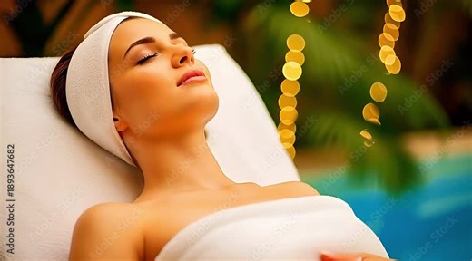 Woman relaxing on lounge chair by pool with towel on head and body wrapped