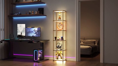 MANBUR Display Shelf with Dimmable LED Floor Lamp, Display Cabinet with Glass Bookcase, Home Decor, Bedroom Decor, Bookshelf with Light, Open Book Shelf with 4-Tier Shelf for Living Room Decor Gold