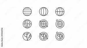 Animated globe model linear icons. Earth satellite. Map of world. Geography and astronomy. Seamless loop HD video with alpha channel on transparent background. Outline motion graphic animation