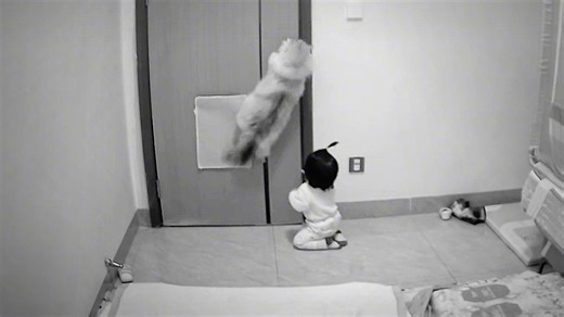 防犯カメラが捉えた「猫と幼児の脱出劇」