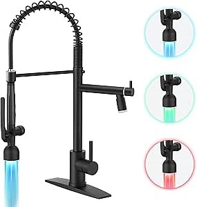 FORIOUS Black LED Kitchen Faucets Commercial, High Pressure Classic Pull Down Sink Faucet with Led Light Sprayer Double-Headed Stainless Steel for Restaurant Bar Laundry