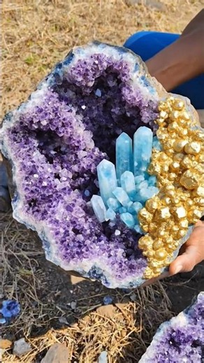 💎 OMG! Giant Amethyst Geode Cracked Open Reveals Blue Crystal & Gold Treasure Inside 😱