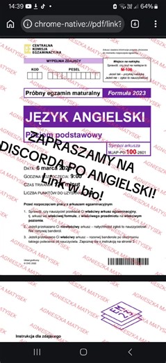 Zapraszamy po matury na naszego discorda albo na Pv #matury #test #arkusz #maturyprobne #angielski